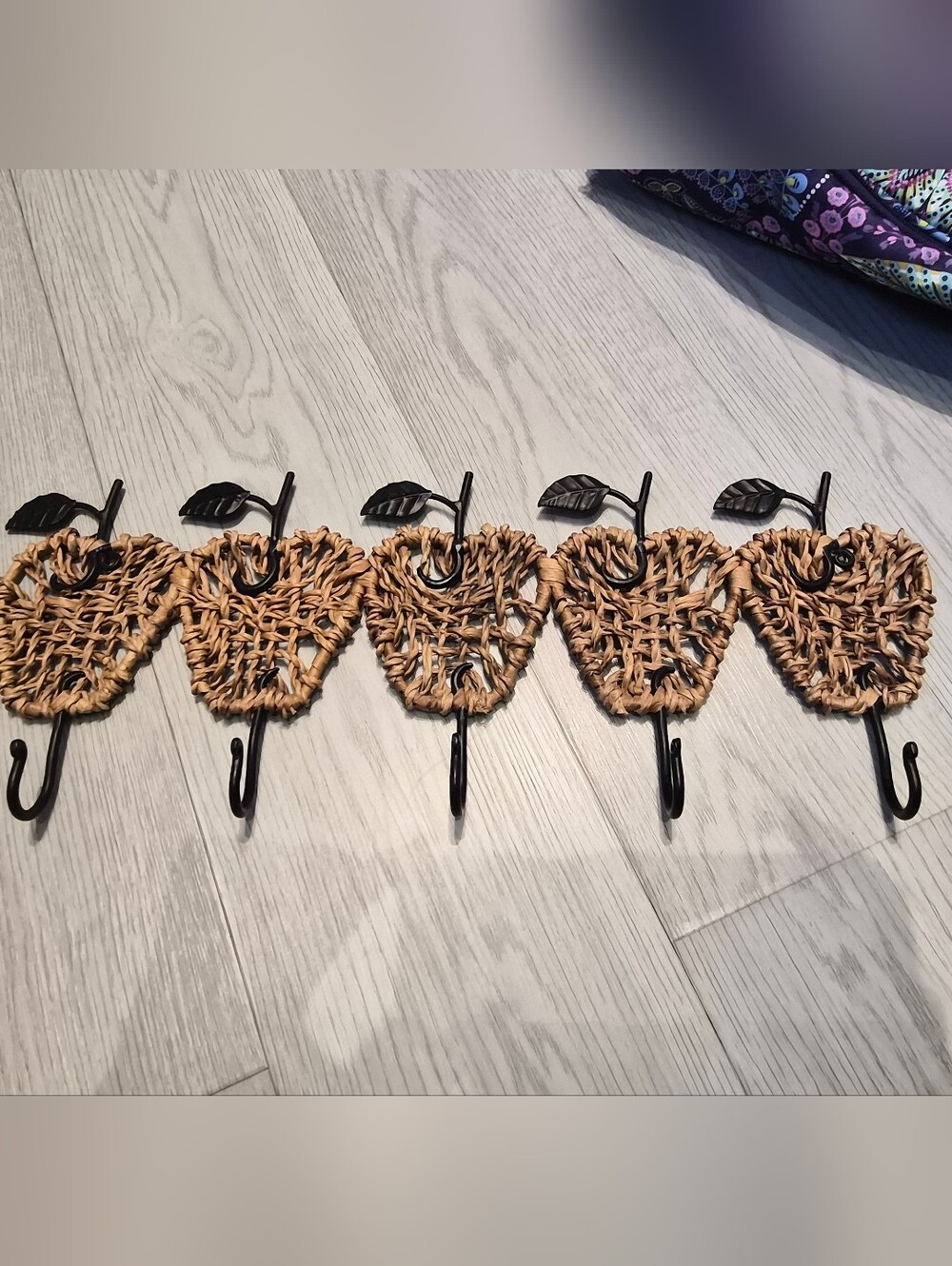 Woven Rattan Heart Wall Hooks with Black Metal Leaves - Set of 5